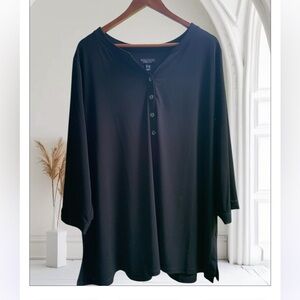 Susan Graver Liquid Knit 3X Black Tunic Top – Button Front, 3/4 Sleeve polo